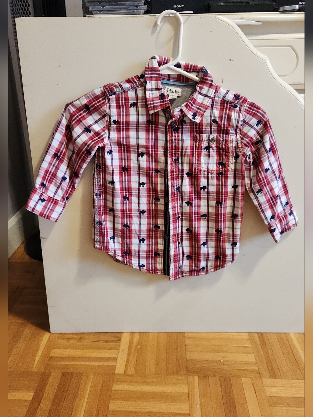 Hatley lined Red and White Plaid Button-Down Shirt with Navy Moose Print Size 4